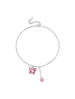 T400 925 Sterling Silver Blue Pink Butterfly Crystal Anklet Foot Chain Birthday Gift for Girls Women