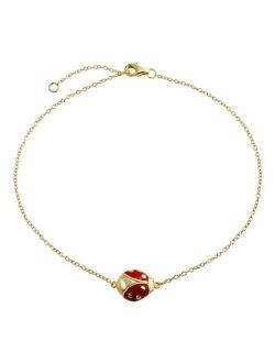Red Ladybug Garden Charm Anklet Link Ankle Bracelet For Women 14K Gold Plated 925 Sterling Silver 9 To 10 Inch Extender