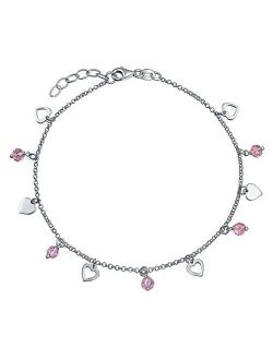 Multi Heart Crystal Pink Anklet Dangle Charms Anklet Ankle Bracelet For Women 925 Sterling Silver Adjustable 9 To 10 In