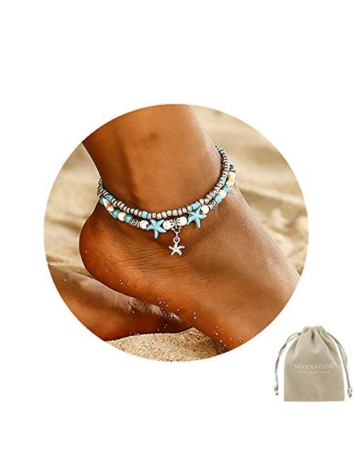SEVENSTONE Handmade Starfish Turtle Anklet Beads Sea Boho Pearl Charm Anklets Foot Jewelry for Women