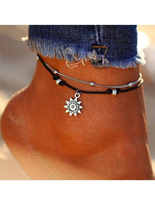 Kucheed Boho Anklets Blue Starfish Turtle Multi-Layer Charm Beads Beach Handmade Anklet Foot Jewelry Gifts for Women Girls