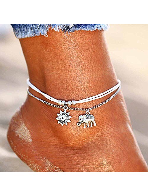 Kucheed Boho Anklets Blue Starfish Turtle Multi-Layer Charm Beads Beach Handmade Anklet Foot Jewelry Gifts for Women Girls