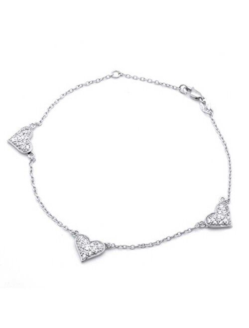 Multi Cubic Zirconia Pave CZ Hearts Charm Anklet Ankle Bracelet For Women Beaded Ball Chain 925 Sterling Silver 8.5 Inch