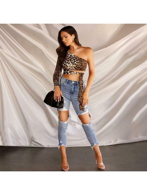 One Shoulder Cropped Tops Hollow Out Leopard Print T-shirts for Women Slim Tees