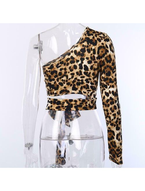 One Shoulder Cropped Tops Hollow Out Leopard Print T-shirts for Women Slim Tees