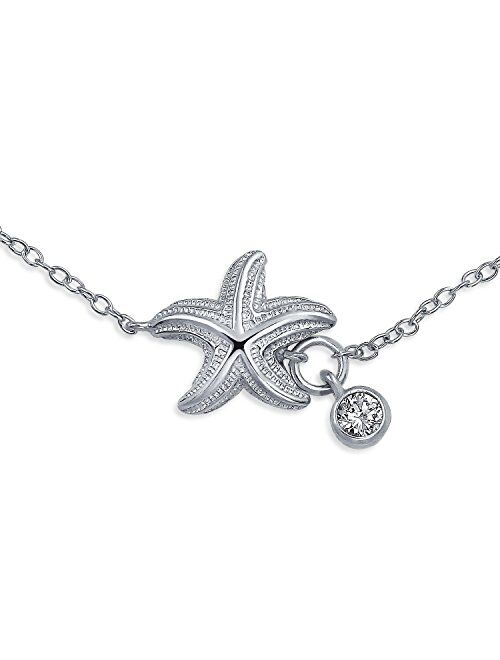 Nautical Starfish Marine Life CZ Accent Anklet Ankle Bracelet For Women 925 Sterling Silver Adjustable 9 To 10 Inch