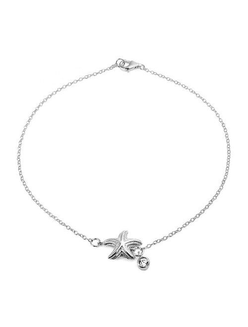 Nautical Starfish Marine Life CZ Accent Anklet Ankle Bracelet For Women 925 Sterling Silver Adjustable 9 To 10 Inch