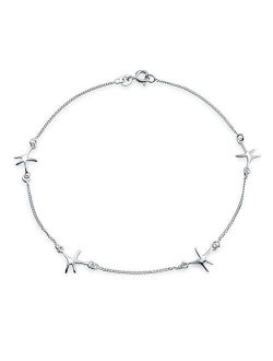 Nautical 4 Multi Station Beach Starfish Marine Life Anklet Ankle Bracelet For Women 925 Sterling Silver 9 Inch
