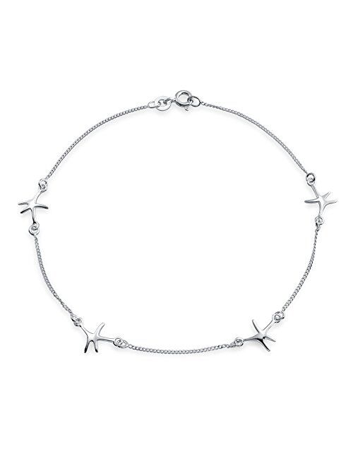 Nautical 4 Multi Station Beach Starfish Marine Life Anklet Ankle Bracelet For Women 925 Sterling Silver 9 Inch