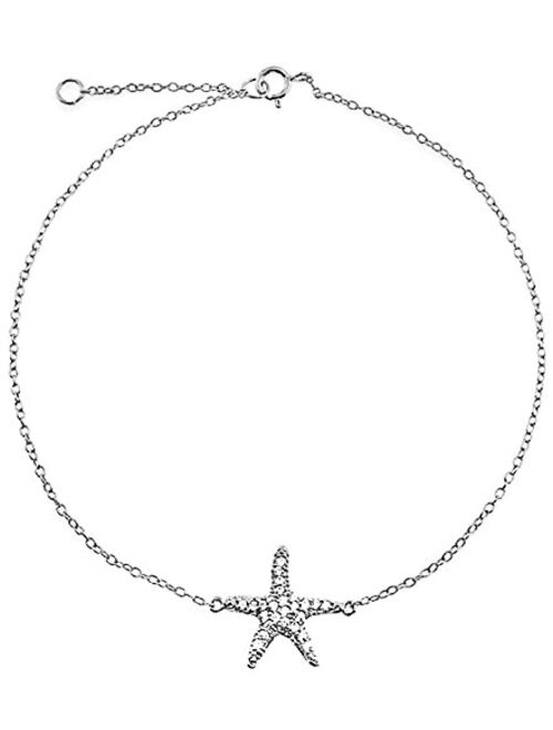 Nautical Starfish Pave CZ Marine Life Anklet Ankle Bracelet For Women Teen Rose Gold Plated 925 Sterling Silver 9-10 Inch