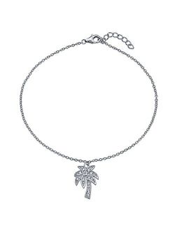 Tropical Palm Tree CZ Dangle Charm Anklet Link Cubic Zirconia Ankle Bracelet For Women 925 Sterling Silver 9-10 Inch