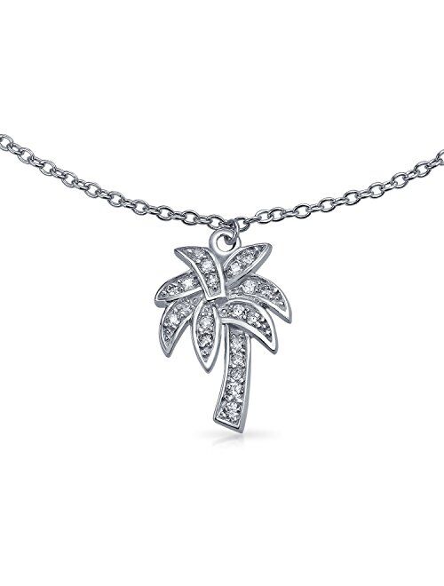 Tropical Palm Tree CZ Dangle Charm Anklet Link Cubic Zirconia Ankle Bracelet For Women 925 Sterling Silver 9-10 Inch