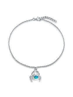 Nautical Beach Crab Created Blue Opal Dangle Charm Anklet Link Ankle Bracelet For Women 925 Sterling Silver 9-10 Inch