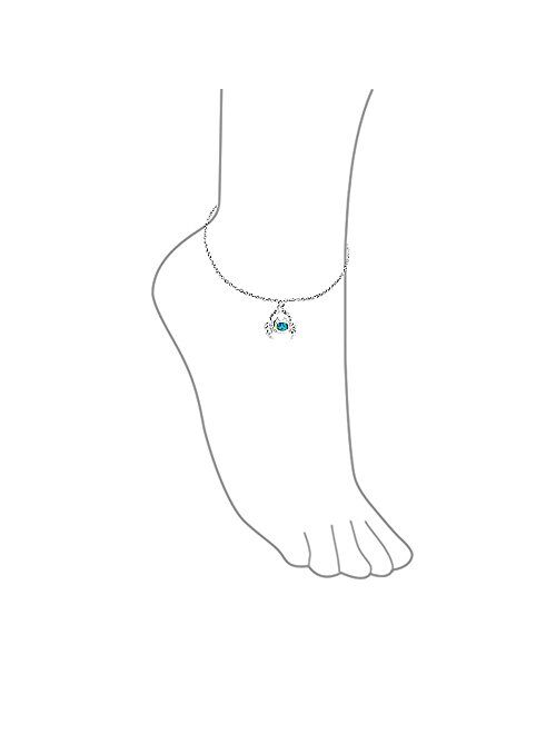 Nautical Beach Crab Created Blue Opal Dangle Charm Anklet Link Ankle Bracelet For Women 925 Sterling Silver 9-10 Inch