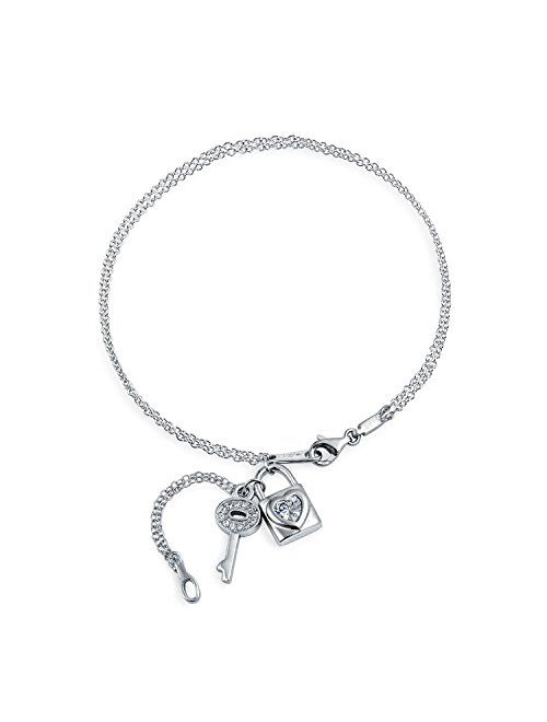 Key And Lock CZ Heart Dangle Charm Anklet Chain Ankle Bracelet For Women 925 Sterling Silver Adjustable 9 To 10 Inch