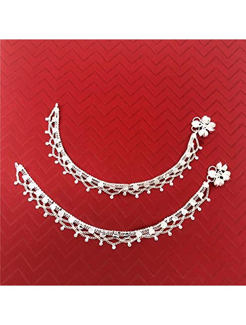 Duel On Jewel Indian Pakistani Bridal Ethnic Payal Silver Tone Anklet Pair Lace Filigree with Loud Bells
