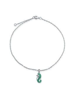 Seahorse Nautical Teal Enamel Stardust Dangle Charm Anklet Link Ankle Bracelet For Women 925 Sterling Silver 9-10 Inch