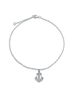 Nautical Boat Anchor Dangle Charm Anklet Cubic Zirconia Ankle Bracelet For Women 925 Sterling Silver 9-10 Inch