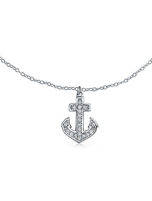 Nautical Boat Anchor Dangle Charm Anklet Cubic Zirconia Ankle Bracelet For Women 925 Sterling Silver 9-10 Inch