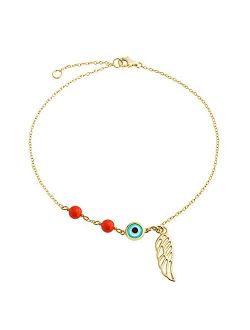 Evil Eye Angel Wing Guardian Anklet For Women For Teen 14K Gold Plated Sterling Silver Adjustable 9-10 Inch