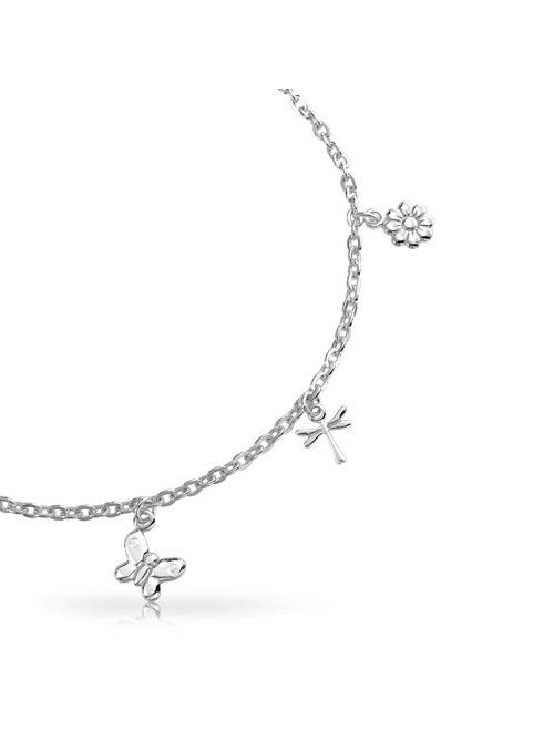 Multi Butterfly Dragonfly Flower Anklet Dangle Charm Ankle Bracelet For Women 925 Sterling Silver Adjustable 9-10 In
