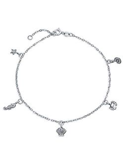 Nautical Multi Charm Dangle Starfish Crab Seahorse Seashell Anklet Ankle Bracelet For Women Sterling Silver 9-10 Inch
