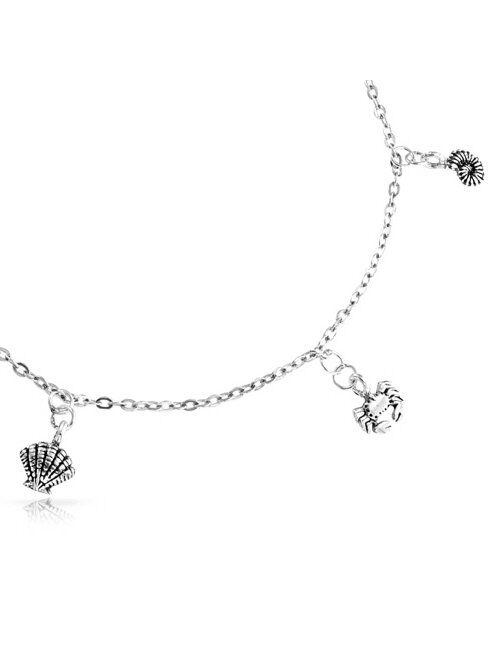 Nautical Multi Charm Dangle Starfish Crab Seahorse Seashell Anklet Ankle Bracelet For Women Sterling Silver 9-10 Inch