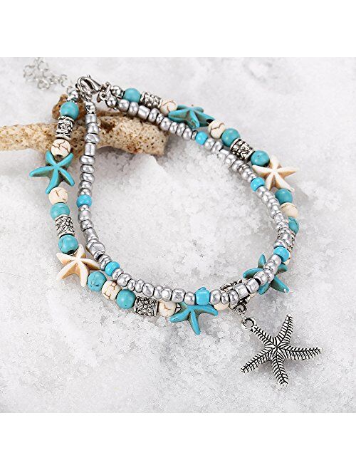 Starfish Turtle Anklets Multiple Layered Boho Gold Chain Anklet Heart Beach Rhinestone Turquoise Stone Charm Anklet