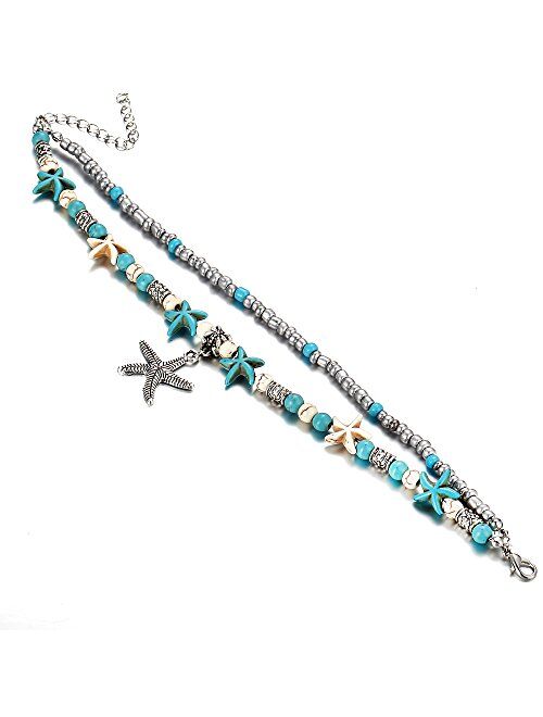 Starfish Turtle Anklets Multiple Layered Boho Gold Chain Anklet Heart Beach Rhinestone Turquoise Stone Charm Anklet