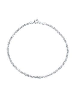 Singapore Chain Twisted Curb Anklet For Teen Ankle Bracelet For Women 925 Sterling Silver 9 or 10 Inch Made In Italy