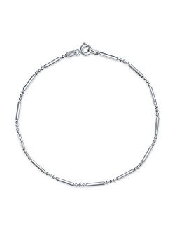 Italian Sterling Silver Rhodium Plated Diamond Cut Oval and Round Beads Mezzaluna Chain Ankle Bracelet