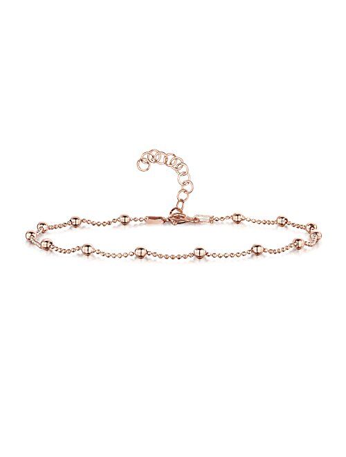 14K Rose Gold Plated on 925 Sterling Silver Adjustable Anklet - Classic Chain Ankle Bracelets - 9" to 10" inch - Flexible Fit