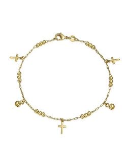 Multi Crosses Religious Beads Bells Dangle Charm Anklet Ankle Bracelet for Women 18K Gold Plated Brass 10 Inch
