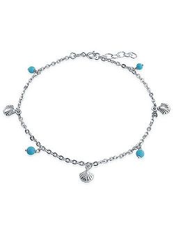 Nautical Multi Charm Seashell Aqua Blue Bed Dangle Anklet Ankle Bracelet For Women Sterling Silver 9-10 Inch Adjustable