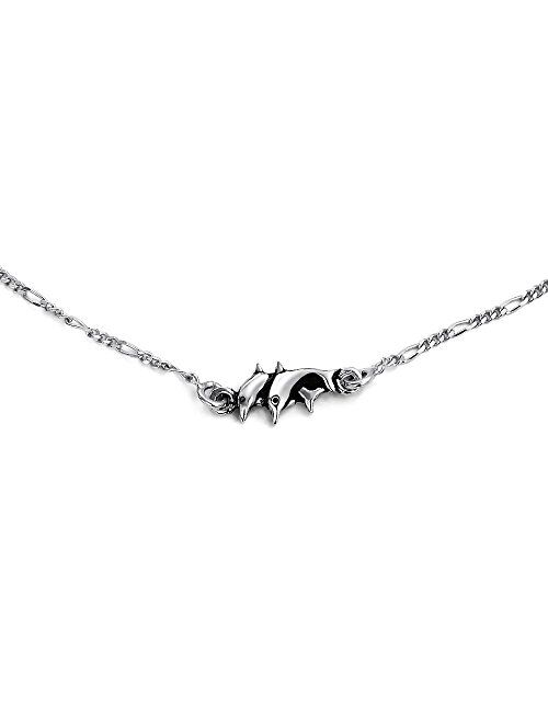 Nautical Dolphin Charm Anklet Figaro Chain Ankle Bracelet For Women Oxidized 925 Sterling Silver Adjustable 9-10 In