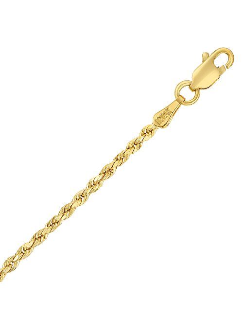 Floreo 10k Yellow Gold 2mm Diamond Cut Hollow Rope Chain Bracelet and Anklet