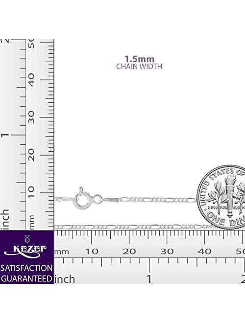 Kezef Creations Sterling Silver Italian Figaro Chain 1.5mm for Men, Women, Boys & Girls - 7 inch bracelet to 36 inch chain necklace chain