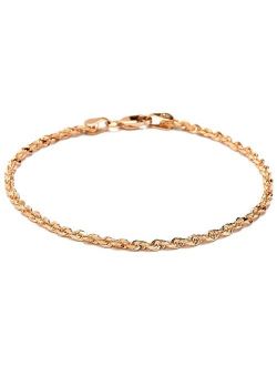Floreo 10k Fine Gold 2.5mm Solid Diamond Cut Rope Chain Bracelet and Anklet