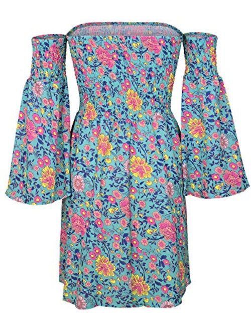 ONEYIM Womens Dress Summer Floral Long Sleeve Off Shoulder Casual Mini Dresses