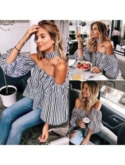 Women's Striped Off Shoulder chocker Blouse Casual Loose Long Puff Sleeve Top