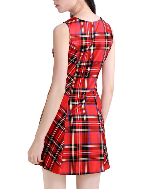 Women's Round Neck Sleeveless Pullover Plaid A Line Mini Dress