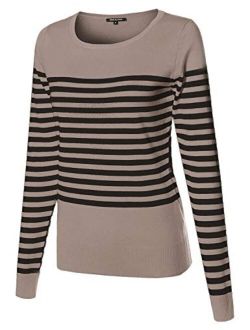 Made by Emma Women's Round Neck Striped Pullover Long Sleeve Top