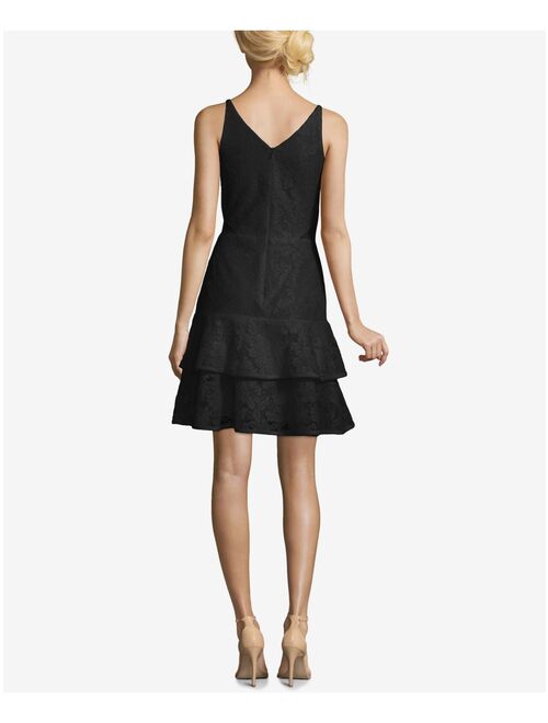 XSCAPE Womens Black Ruffled Darted Spaghetti Strap V Neck Mini Party Dress Size: 10