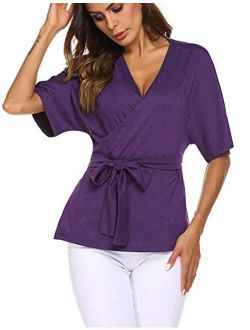 EASTHER Dressy Blouses for Women Tie Front Short Sleeve V Neck Shirts Tunic Tops S-XXL