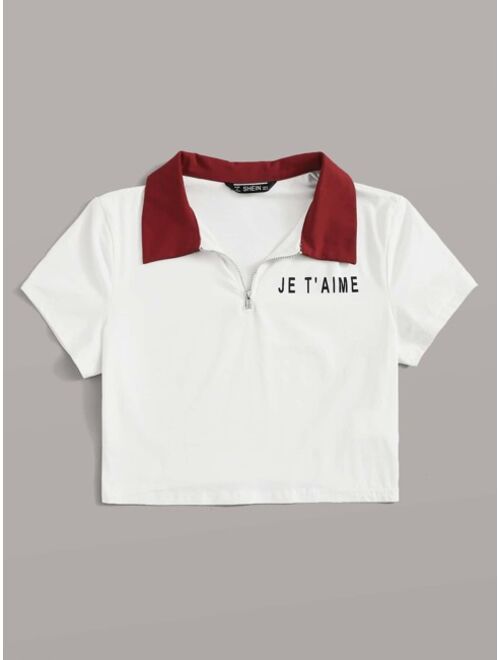 Shein Letter Graphic Zip Half Placket Polo Shirt