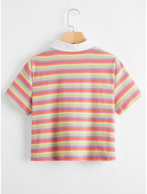 Shein Colorful Striped Contrast Polo Neck Tee