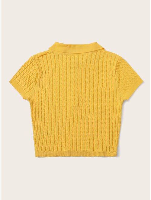 Solid Cable Knit Polo Collar Knit Top
