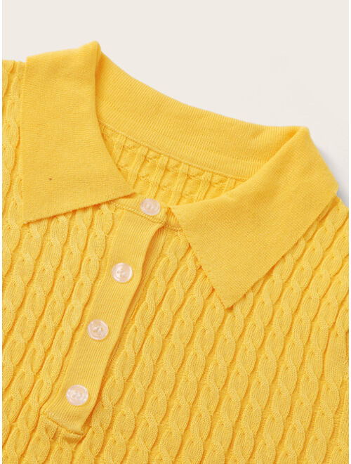 Solid Cable Knit Polo Collar Knit Top