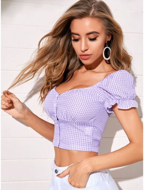 Puff Sleeve Button Front Gingham Blouse