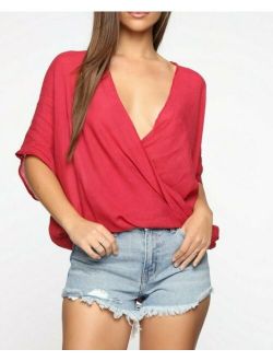 Oversized Short Sleeves Surplice Deep V Neck Basic Comfy Casual Red Top Small S